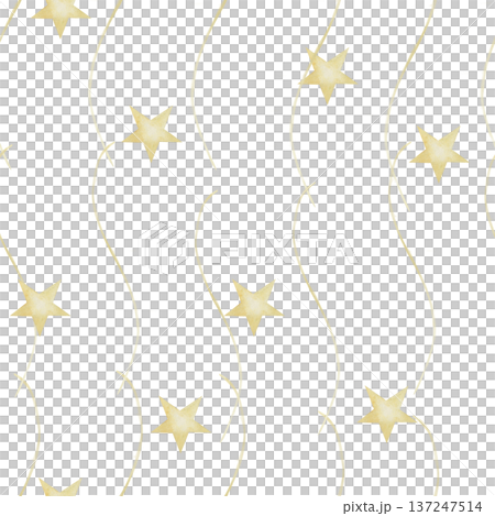 Watercolor golden wavy and white stripes with golden stars. Soft, hand-painted look. Ideal for wrapping paper, fabric patterns, party decor, or playful backgrounds in design projects 137247514
