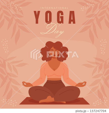 International yoga day woman meditating in lotus pose wellness poster vector illustration. International yoga day woman meditating in lotus pose wellness poster vector illustration. 137247704