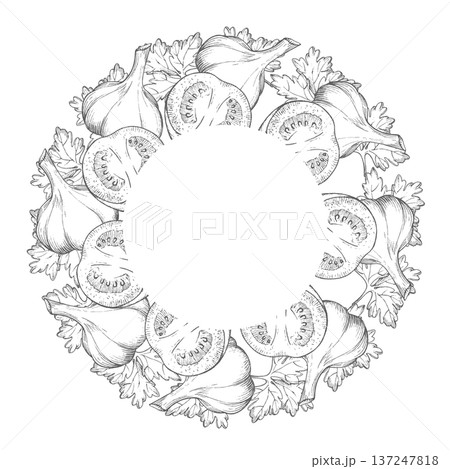 Wreath of tomatoes, garlic and parsley. Vector ink styled handmade illustration. For packaging design, cards, cover, prints, product labels and fabric. 137247818