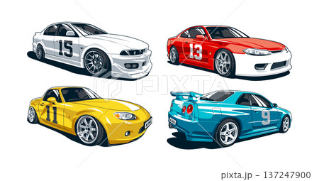 Vector set of Japanese drift cars and JDM sports coupes isolated on white background Vector set of Japanese drift cars and JDM sports coupes isolated on white background 137247900