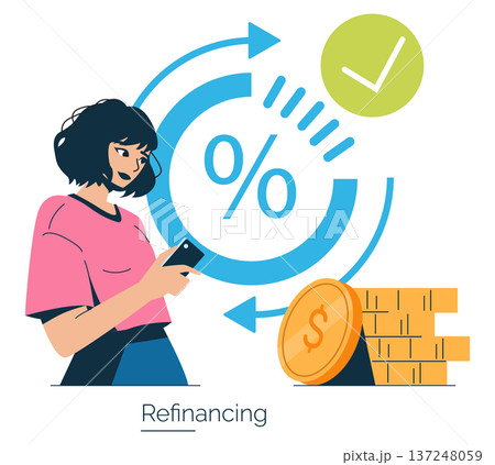 Vector illustration of a woman holding a phone while managing loan refinancing. Includes percentage symbol, checkmark, and coins. Represents financial planning and interest rate management. Vector illustration of a woman holding a phone while managing loan refinancing. Includes percentage symbol, checkmark, and coins. Represents financial planning and interest rate management. 137248059