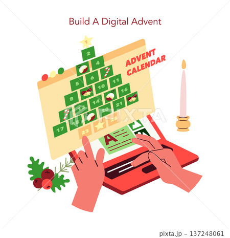 Vector illustration showing hands interacting with a digital advent calendar on a laptop screen, surrounded by Christmas decorations, conveying holiday preparation and anticipation. Vector illustration showing hands interacting with a digital advent calendar on a laptop screen, surrounded by Christmas decorations, conveying holiday preparation and anticipation. 137248061