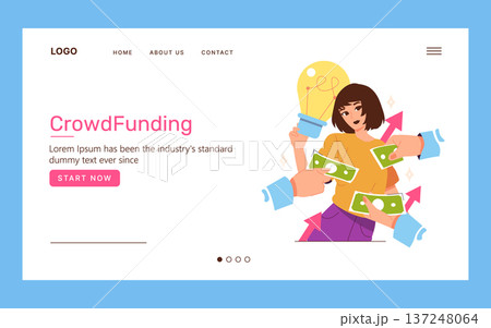 Vector illustration depicting a crowdfunding concept. A person holds a light bulb symbolizing an idea, surrounded by hands offering money. Represents the power of community funding. Vector illustration depicting a crowdfunding concept. A person holds a light bulb symbolizing an idea, surrounded by hands offering money. Represents the power of community funding. 137248064