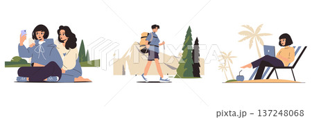 Vector illustrations depicting people in outdoor settings. A duo taking selfies in a park, a solo hiker with a backpack, and a woman working on a laptop by the beach, all enjoying leisure time. Vector illustrations depicting people in outdoor settings. A duo taking selfies in a park, a solo hiker with a backpack, and a woman working on a laptop by the beach, all enjoying leisure time. 137248068