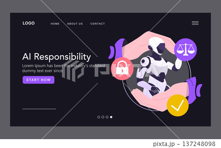 Vector illustration depicting AI responsibility concept with a robot surrounded by icons representing justice and security. Emphasizes ethical use and safety in AI technology. Vector illustration depicting AI responsibility concept with a robot surrounded by icons representing justice and security. Emphasizes ethical use and safety in AI technology. 137248098