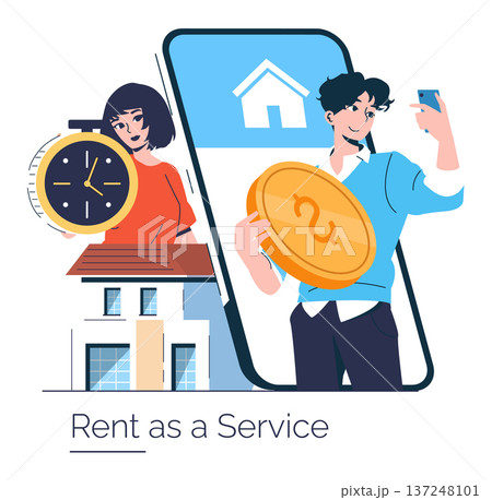 Vector illustration depicting rent as a service concept. Features individuals interacting with a smartphone, displaying symbols for property rental, time, and money exchange. Vector illustration depicting rent as a service concept. Features individuals interacting with a smartphone, displaying symbols for property rental, time, and money exchange. 137248101