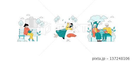 Vector illustration depicting people engaging in outdoor activities. A person reads on a bench, another dances with headphones, and two converse while reading in a park setting. Vector illustration depicting people engaging in outdoor activities. A person reads on a bench, another dances with headphones, and two converse while reading in a park setting. 137248106