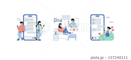 Vector illustration depicting three scenarios of digital communication. People engaging in texting, video calls, and voice messaging on mobile devices, highlighting modern connectivity. Vector illustration depicting three scenarios of digital communication. People engaging in texting, video calls, and voice messaging on mobile devices, highlighting modern connectivity. 137248111