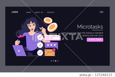 Vector illustration showing a woman efficiently completing microtasks on a website platform. Includes laptop, checklists, and digital elements highlighting productivity features. Vector illustration showing a woman efficiently completing microtasks on a website platform. Includes laptop, checklists, and digital elements highlighting productivity features. 137248115