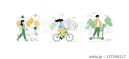 Vector illustration depicting people enjoying outdoor activities in an urban setting. Featuring walking a dog, cycling, and using an electric scooter amidst a backdrop of city buildings and trees. Vector illustration depicting people enjoying outdoor activities in an urban setting. Featuring walking a dog, cycling, and using an electric scooter amidst a backdrop of city buildings and trees. 137248117