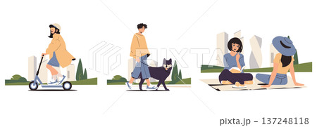 A vector illustration depicting various urban activities. A person rides an electric scooter, another walks a dog, and two friends chat in a park. Perfect for themes of city life and leisure. 137248118