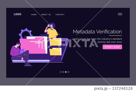 Vector illustration depicting metadata verification with two people and a laptop. One person examines files with a magnifying glass while another works on a laptop, signaling digital scrutiny. Vector illustration depicting metadata verification with two people and a laptop. One person examines files with a magnifying glass while another works on a laptop, signaling digital scrutiny. 137248128