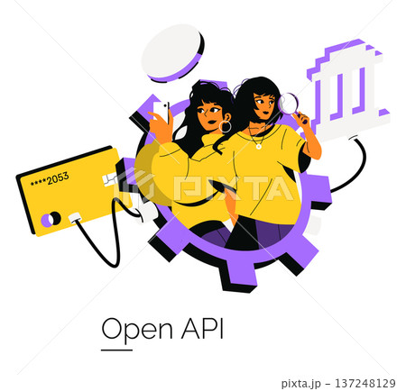 Vector illustration of an open API theme with two individuals interacting with technology. Includes elements like a credit card, gears, and a building icon, highlighting connectivity and security. Vector illustration of an open API theme with two individuals interacting with technology. Includes elements like a credit card, gears, and a building icon, highlighting connectivity and security. 137248129
