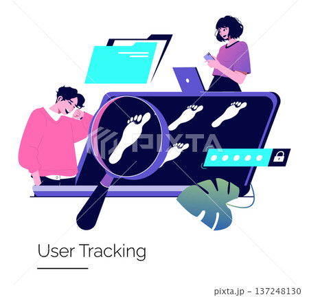 Vector illustration depicting user tracking through digital footprints. Individuals engage with technology, displaying curiosity and concern. Elements like magnifying glass and footprints highlight Vector illustration depicting user tracking through digital footprints. Individuals engage with technology, displaying curiosity and concern. Elements like magnifying glass and footprints highlight 137248130