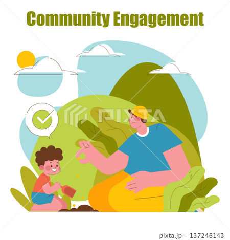 Vector illustration of a cheerful adult engaging with a child outdoors. They are interacting positively, surrounded by a natural environment, symbolizing community engagement and connection. Vector illustration of a cheerful adult engaging with a child outdoors. They are interacting positively, surrounded by a natural environment, symbolizing community engagement and connection. 137248143