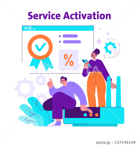 Service activation process illustrated with a team member using a smartphone and another person interacting with a digital interface. Vector art showcasing teamwork and technology concepts. 137248149