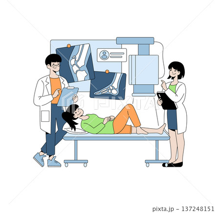 Medical professionals examining a patient's X-ray results on a screen. The vector illustration depicts a team of doctors discussing diagnosis with the patient, who looks calm. Medical professionals examining a patient's X-ray results on a screen. The vector illustration depicts a team of doctors discussing diagnosis with the patient, who looks calm. 137248151