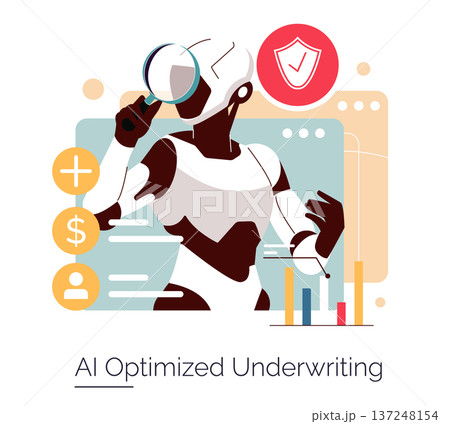 Vector illustration of an AI robot using a magnifying glass to analyze financial and security data. The modern design emphasizes artificial intelligence and data-driven decision-making. 137248154