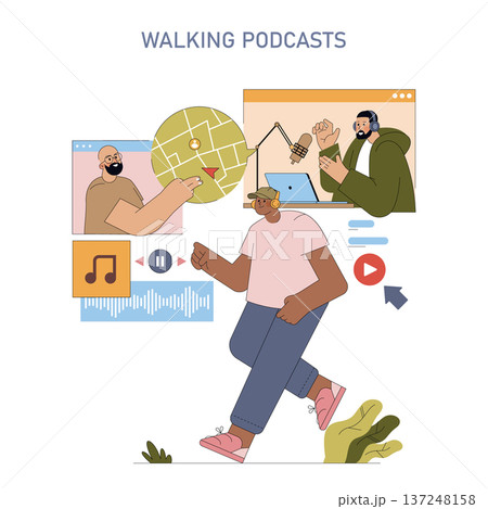 Vector illustration of a person walking while listening to a podcast, surrounded by digital elements like music icons and speakers. Engaged in an auditory experience during a stroll. 137248158