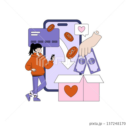 Vector illustration of a person using a smartphone for mobile donations. Depicts a hand placing money and coins into a donation box, symbolizing digital charity transactions. Vector illustration of a person using a smartphone for mobile donations. Depicts a hand placing money and coins into a donation box, symbolizing digital charity transactions. 137248170