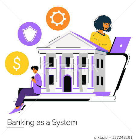Vector illustration depicting a modern banking system with digital elements. Two individuals are interacting with technology, symbolizing the integration of financial services. 137248191