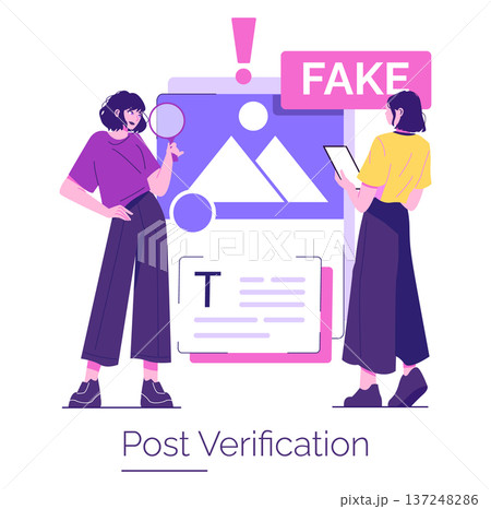 Vector illustration depicting a post verification process. Two people analyze images to identify fake content using magnifying glass and tablet, emphasizing digital content verification. Vector illustration depicting a post verification process. Two people analyze images to identify fake content using magnifying glass and tablet, emphasizing digital content verification. 137248286