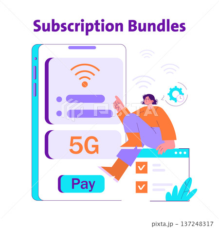 Vector illustration depicting a person interacting with a digital interface showcasing 5G subscription bundles. Features elements like a smartphone, wireless icon, and payment option. 137248317