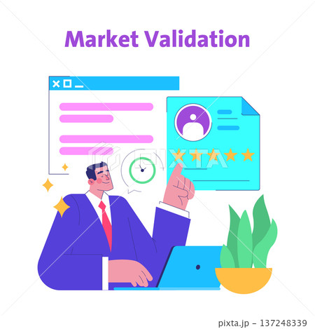 Vector illustration of a businessman actively engaged in market validation, presenting a star rating review system on a digital display. Emphasizes the concept of feedback and rating. Vector illustration of a businessman actively engaged in market validation, presenting a star rating review system on a digital display. Emphasizes the concept of feedback and rating. 137248339