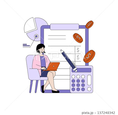 Vector illustration of a woman seated with a laptop, analyzing financial data. Surrounded by large calculator, coins, and documents, symbolizing budgeting and financial planning. Vector illustration of a woman seated with a laptop, analyzing financial data. Surrounded by large calculator, coins, and documents, symbolizing budgeting and financial planning. 137248342