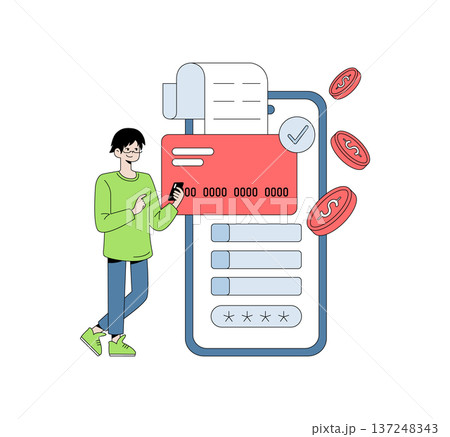 Vector illustration of a man smiling while using his smartphone to process a mobile payment. A large phone screen shows a credit card and digital transaction details. Vector illustration of a man smiling while using his smartphone to process a mobile payment. A large phone screen shows a credit card and digital transaction details. 137248343