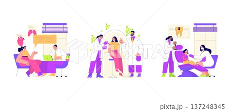 Medical professionals interact with patients in this vector illustration, depicting various healthcare scenarios like consultations, checkups, and pediatric dental care, highlighting medical 137248345