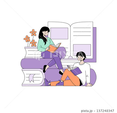 Vector illustration of two friends relaxing with books, surrounded by large open book and flowers. Their content and happy expressions highlight the joy of reading together. Vector illustration of two friends relaxing with books, surrounded by large open book and flowers. Their content and happy expressions highlight the joy of reading together. 137248347