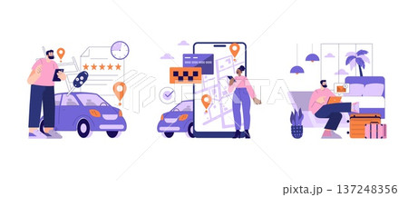 Illustrative scenes of a man using a smartphone to book a car, a woman interacting with a navigation app, and a man relaxing with a laptop. Symbols of connectivity and travel included. 137248356