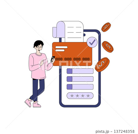 Vector illustration depicting a person making a mobile payment using a smartphone and credit card interface. Coins and receipt icons enhance the digital transaction theme. 137248358