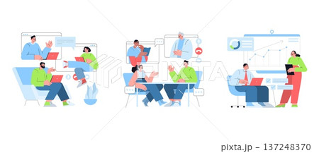 Business team engaging in a virtual meeting, discussing projects through video call and reviewing data on screen. Team members collaborate remotely using laptops. Vector illustration. 137248370