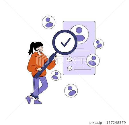 Vector illustration shows a woman holding a magnifying glass, examining a list of user profiles with check marks, suggesting careful analysis and verification in a digital context. 137248379