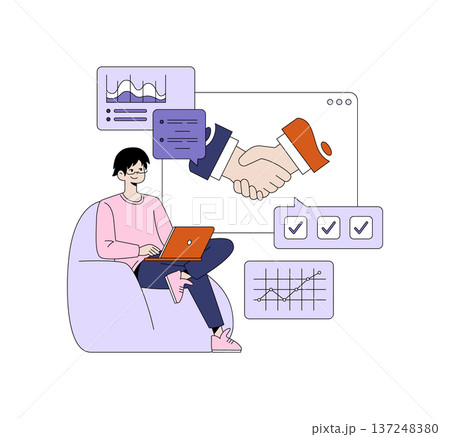 Vector illustration of a person using a laptop, surrounded by business graphics depicting handshake agreements, analytics charts, and data consultations in a remote setting. Vector illustration of a person using a laptop, surrounded by business graphics depicting handshake agreements, analytics charts, and data consultations in a remote setting. 137248380