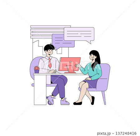 Vector illustration of two people engaged in a business meeting discussion at an office desk. Both individuals are animatedly exchanging ideas, with speech bubbles illustrating conversation. 137248416