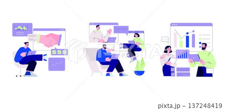 Vector illustration showing businesspeople collaborating online. Charts, graphs, and digital tools highlight teamwork, data analysis, and effective communication in a virtual setting. Vector illustration showing businesspeople collaborating online. Charts, graphs, and digital tools highlight teamwork, data analysis, and effective communication in a virtual setting. 137248419