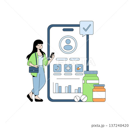 Woman interacts with a health mobile app on her smartphone. The app interface is visible on a large screen with health metrics and medication icons. Vector illustration. Woman interacts with a health mobile app on her smartphone. The app interface is visible on a large screen with health metrics and medication icons. Vector illustration. 137248420