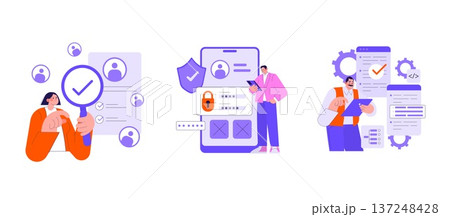 Vector illustration depicting identity verification and security processes. Features individuals interacting with digital interfaces for secure access and user authentication measures. 137248428