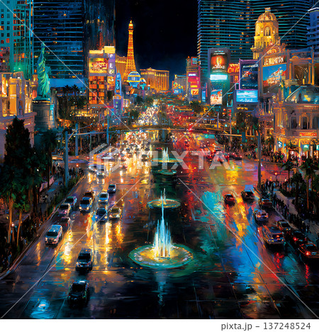 エッフェル塔と噴水が輝くラスベガス夜景イラスト 137248524