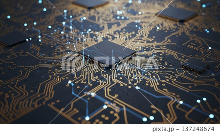 Modern semiconductor processor chip on circuit board with glowing blue LED connections and golden copper traces showing advanced technology innovation 137248674