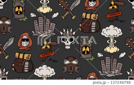 Vector post-apocalyptic doodle pattern. Radioactive fallout. Texture with a gas mask, explosion, and destroyed city on dark background. Vector post-apocalyptic doodle pattern. Radioactive fallout. Texture with a gas mask, explosion, and destroyed city on dark background. 137248798