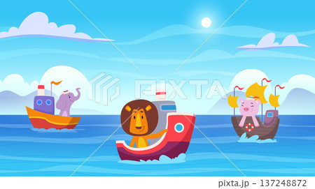 Animal boating. Ocean background with boating little animals exact vector template Animal boating. Ocean background with boating little animals exact vector template 137248872