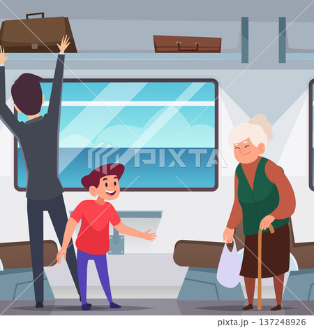 Polite child. giving way to the elderly in subway train interior Polite child. giving way to the elderly in subway train interior 137248926
