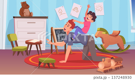 Hyperactive children. kids room father making horse and playing with active son Hyperactive children. kids room father making horse and playing with active son 137248930