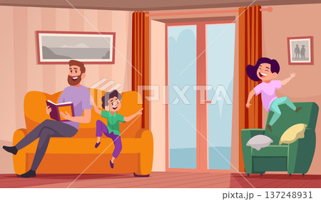 Hyperactive children. kids playing in room interior. vector cartoon 137248931