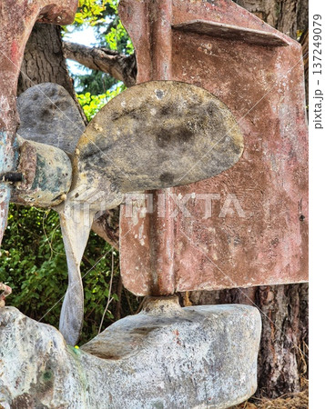 the back of a boat with a propeller. metal stern. close up 137249079