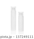 Two white plastic pump dispenser bottles reflecting on a white background, representing beauty product packaging, skincare, and cosmetic container mockup concepts 137249111